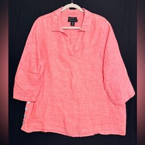 Tahari Coral Women's Tunic Top Linen 1X Shell Buttons v-neck Collared